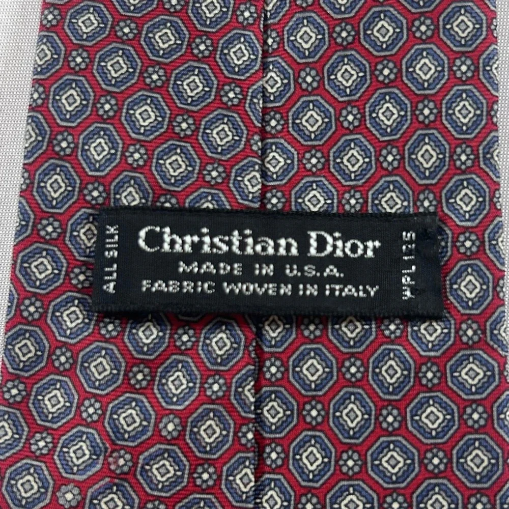 Christian Dior Necktie Men Red Blue Geometric Medallion 100% Silk Italian Fabric
